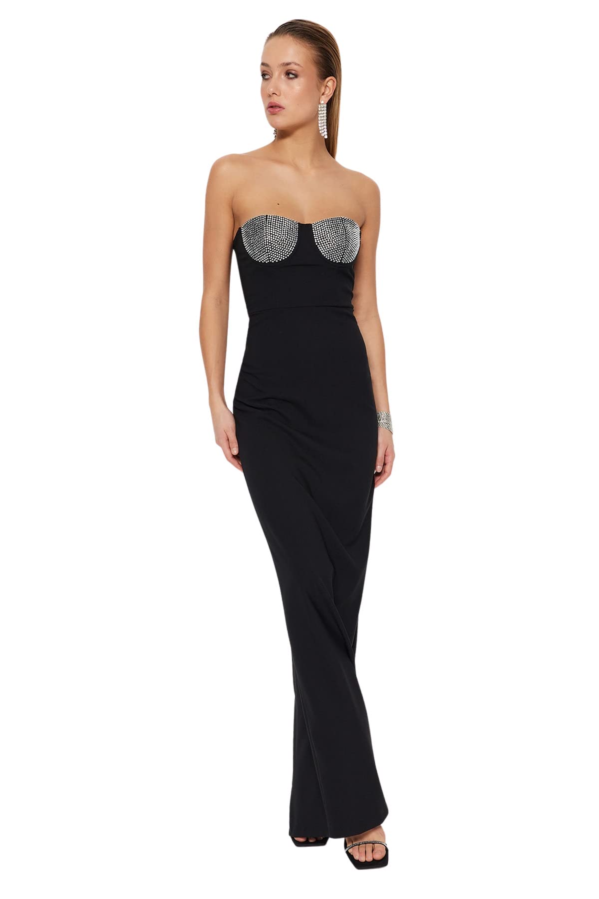 Trendyol Damen Schwarz Women Fitted Woven Evening Dress Shift Tailliertes Gewebtes Abendkleid, Black, S