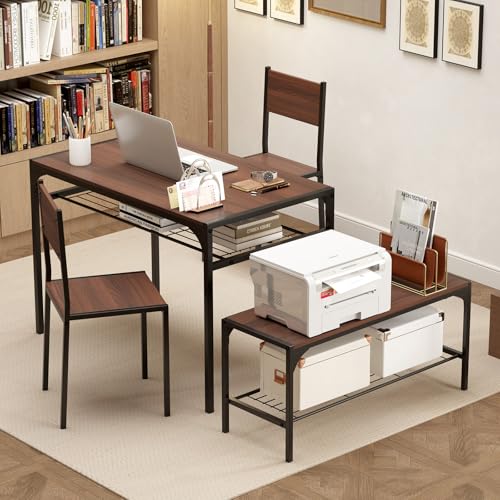 Image of Giantex Dining Table Set for 4, Kitchen Table with Chairs & Bench, Storage Racks, Metal Frame, 4-Piece Space-Saving Dinette Set for Dining Room, Breakfast Nook, Small Space, Apartment, Walnut