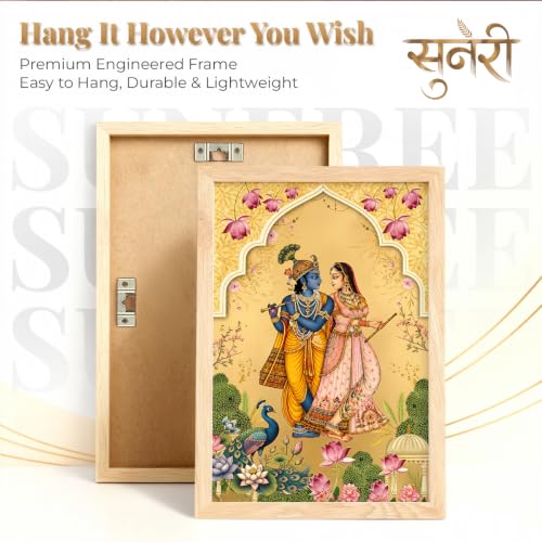Image of Suneree Pichwai Radha Krishna Nandi Cow Gold Wall Art Painting | Set of 2 Framed Paintings | Traditional Indian Decor for Living Room Pooja Room Bedroom | (ART 8, 13x19 INCHES)
