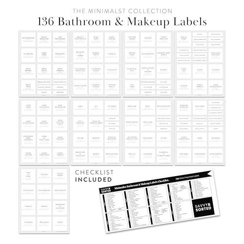 Image of Minimalist Bathroom Labels for Organizing, 136 Preprinted Bath Room and Makeup Organizer Stickers, Waterproof Removable, Soap Shampoo Storage Supplies