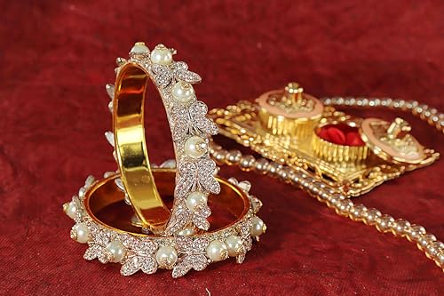 Image of LAVAZZA Stylish Butterfly Design Golden Metal with Zircon Diamond & Pearls Moti Bangles Kada For Women & Girls | Traditional Girl's Bangles Bracelet | Women's Kangan Wedding, Party-Set of 2