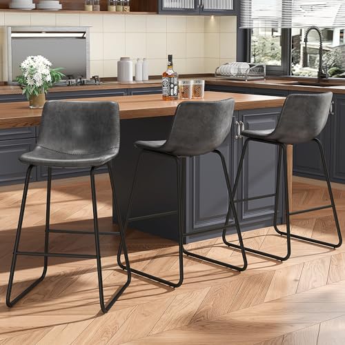 Image of REONEY Bar Stools Set of 2, 26 inch Urban Faux Leather Counter Stools, Grey