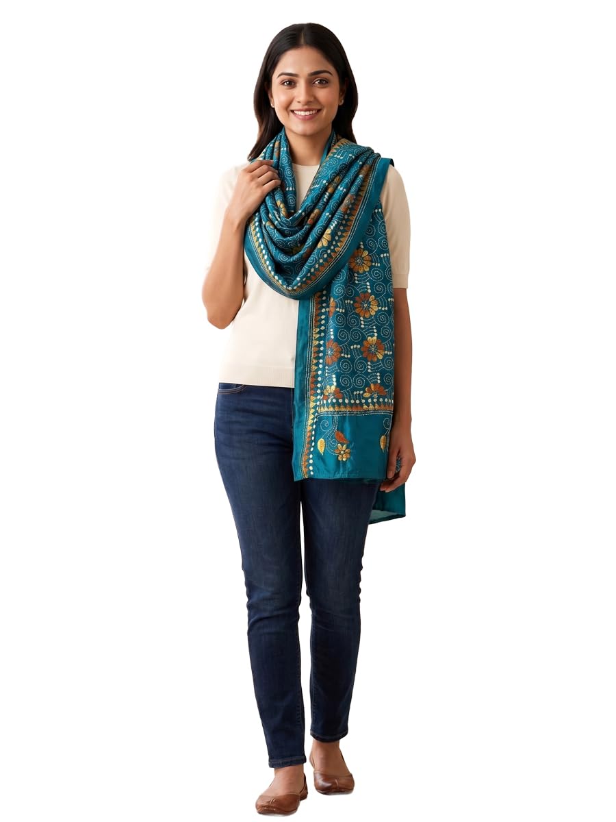 Women's Hand Embroidered Santiniketan Kantha Stitch Art Silk Stole (Brown, L-1.80 M; 0626019)-image-17