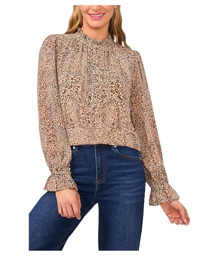 CeCe Women's Long Sleeve Leopard Ruffled Top
