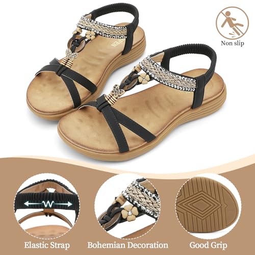 Image of UBFEN Womens Bohemian Flat Sandals With Back Strap Summer Beach Comfortable Bling
