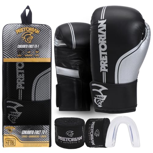 Kit Luva de Boxe e Muay Thai First FX1 Pretorian (Preto/Prata, 12 Oz)