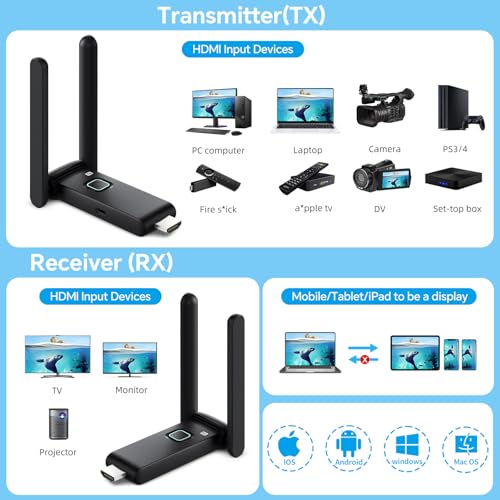 Image of Wireless HDMI Transmitter and Receiver 4k, Plug and Play Portable Extender, HDMI Wireless Supports 2.4 /5GHz, Used for Streaming Video, Audio, Files from laptops /TV Boxes /projectors to Monitors