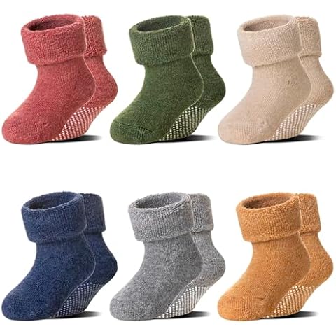 6 Pairs Baby Boy Girl Non Slip Socks Child Toddler Winter Thick Soft Wool Kids Warm Socks with Grips (Solid Color B, 0-12 Months) Cover
