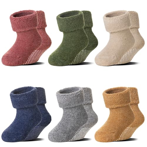6 Pairs Baby Boy Girl Non Slip Socks Child Toddler Winter Thick Soft Wool Kids Warm Socks with Grips (Solid Color B, 1-3T)