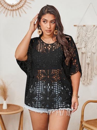 Image of BEAUDRM Women's Plus Size Floral Crochet Tops Hollow Out Boat Neck Sweaters Dolman Sleeve Oversized Knit Top