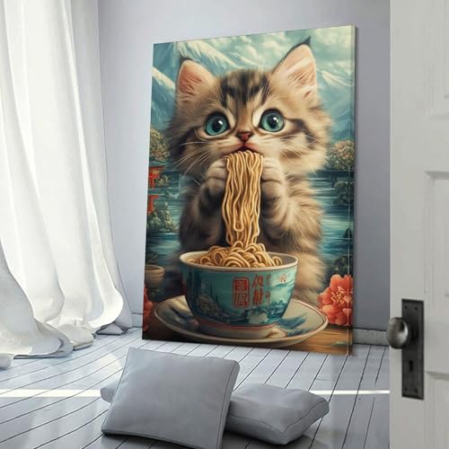 Affiche d'art sur toile chat ramen POLIUAWS pour décoration murale moderne 30x45 cm