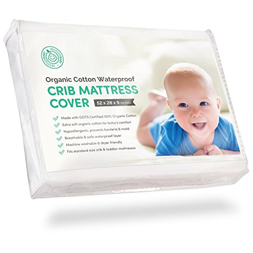 Image of Certified Organic Cotton Waterproof Crib Mattress Pad Cover with 100% Organic Cotton Filling - Breathable & Hypoallergenic - Healthy, All-Natural & Fitted Nursery Bedding