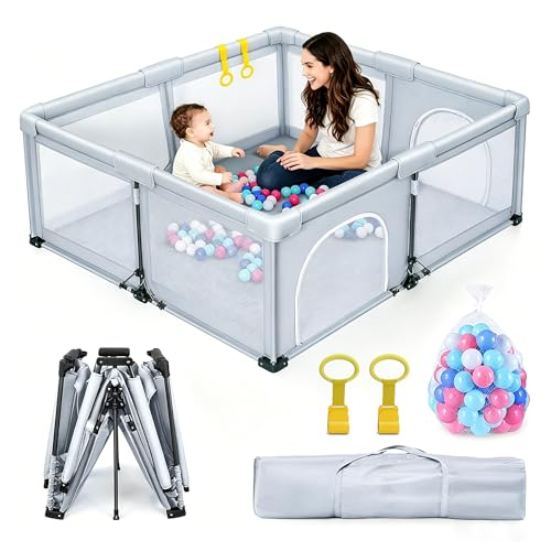 Image of Foldable Baby Playpen, 50 inchx50 inch Portable Play Yard for Babies and Toddlers, Breathable Mesh Gate Fence, Indoor Outdoor Playpen with 50 Ocean Balls & 2 Pull-Up Rings, 1-Minute Easy Setup
