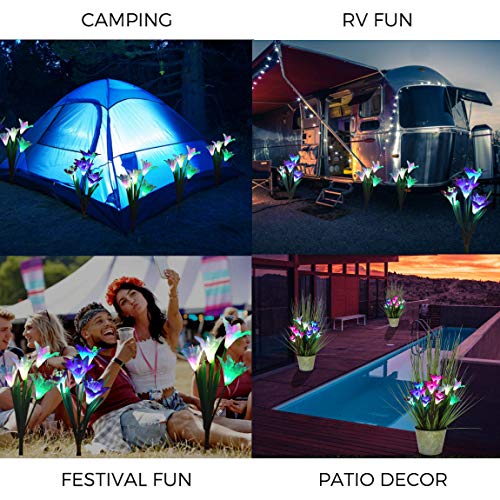 Pure Ponta Solar Flower Lights | 2 Pack of Solar Stake Lights with 8 Solar Flowers | Multi Color Changing LED Flower Lights Powered by Premium Solar Panels (4 White & 4 Purple Solar Flowers)