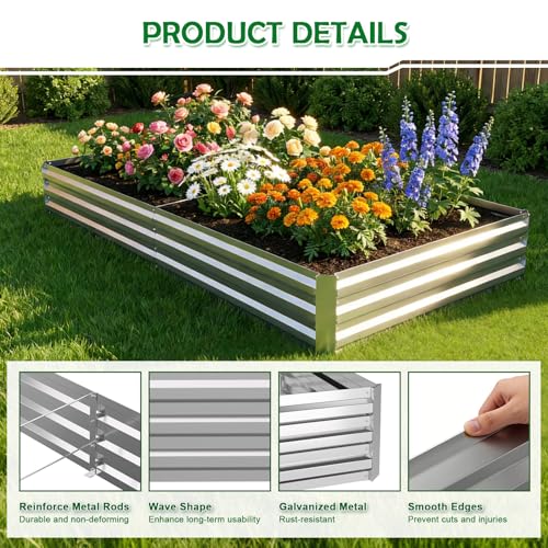 Image of 8x4x1FT Galvanized Raised Garden Bed, Metal Planter,Silver,2 Packs | Thick Galvanized Steel, Easy Assembly,Outdoor Patio,Open Bottom,Smooth Surface,Planter Kit for Vegetables, Herbs, Flowers