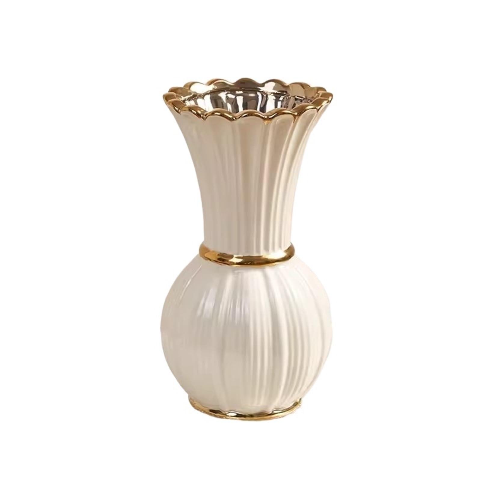 Geometric Vase Painted Cream Style Ceramic Vase With Advanced Sense Of Water-based Rose Flower Arrangement, Retro Livin(White+golden 25.5 * 13.5cm)