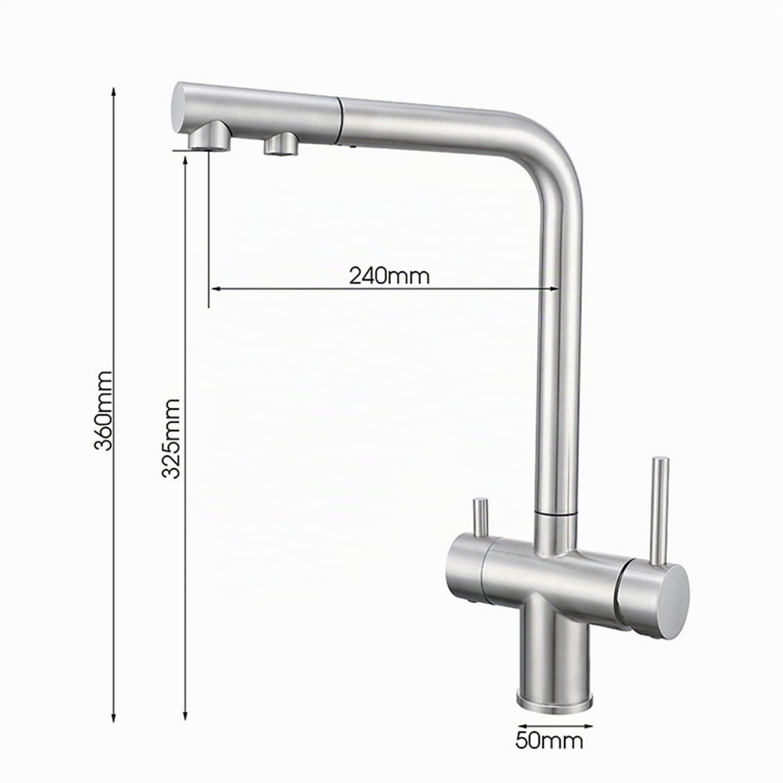 Grifo de Cocina Osmosis 3 Vias Extraible Doble Manija Giratorio de 360 ° Acero Inoxidable-Cepillado