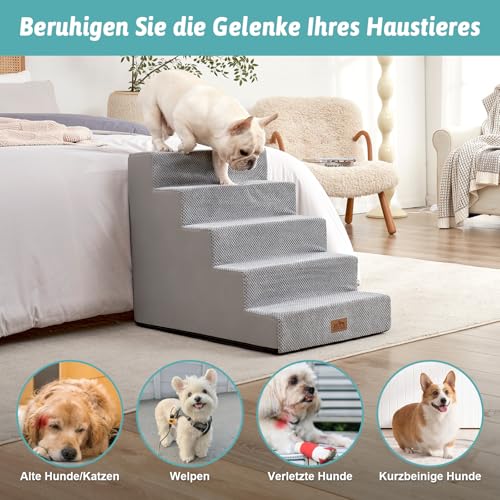 COZY KISS Hundetreppe für Kleine Hunde, 5 Stufen Breiter Haustiertreppe für Bett Couch Auto, 60cm Hoch Hochdichtem Schaumstoff Katzentreppe mit Abnehmbarem Bezug (Grau, 75x50x60cm, 5)