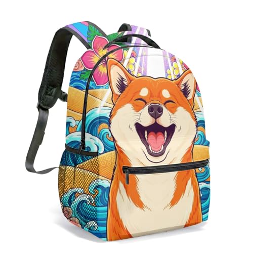 Mochila Happy Shiba Inu com estampa floral de 40,6 cm vibrante bolsa gráfica de jardim para viagens diárias e trabalho, 12, Large