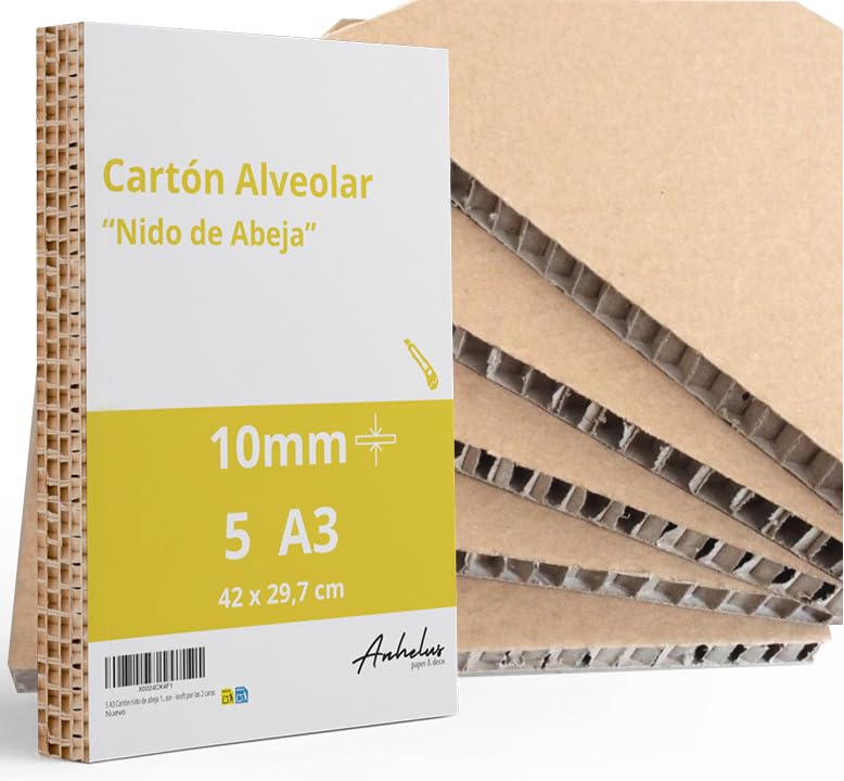 5 A3 Cartón nido de abeja 10mm - 5 planchas cartón panal alveolar tamaño A3 (42x29,7cm) 1cm grosor - kraft por las 2 caras