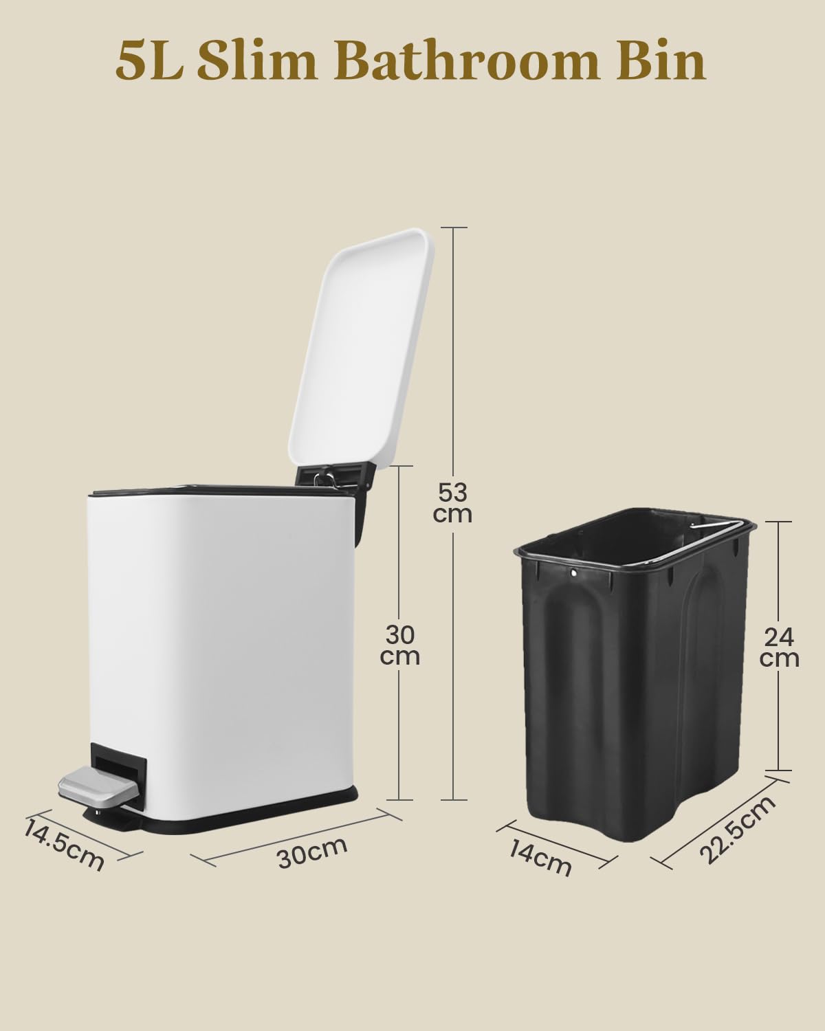 Small Bathroom Trash Can with Lid, Trash Can with Removable Liner, Soft Close lid & Step Pedal, Stainless Steel Trash Bin for Bathroom,Bedroom,Home Office (White, 1.3 Gallon)