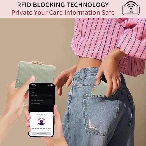 Small Genuine Leather Wallet for Women Bifold RFID Blocking Cute Compact with Coin Pocket (Green)4