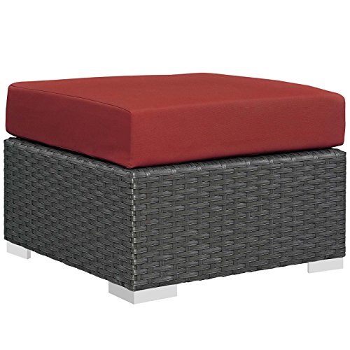 Modern Contemporary Outdoor Patio Balcony Garden Lounge Chair Ottoman, Rattan Wicker, Red