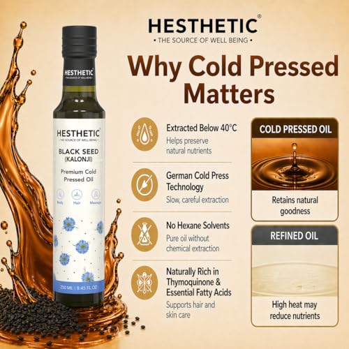 Image of HESTHETIC Cold Pressed Black Seed Oil 250ml for Hair, Skin & Scalp | Pure Kalonji (Nigella Sativa) Beauty Oil - Thymoquinone Rich | Glass Bottle | Pre-Wash Ritual & Facial Massage Use