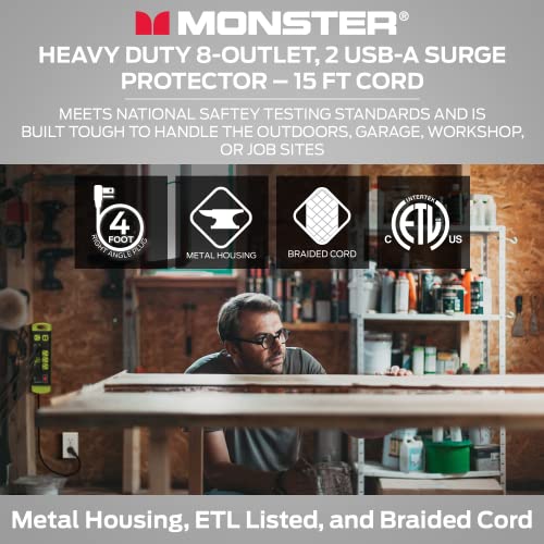 Monster Workshop Heavy-Duty Garage Power Strip Surge Protector - Mountable Heavy-Duty Wide-Spaced 8 Grounded Ac & 2 Usb-A Outlets With 14Ft Angled Flat Plug - 1200 Joules - Etl Listed #TOP3