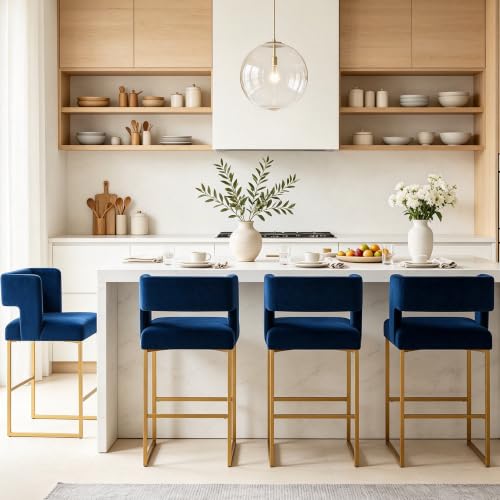 Image of Counter Height Bar Stools Set of 4, Blue Velvet Bar Chair Gold Leg | 26 inch Seat Height Fits Standard Kitchen Islands, Upholstered Barstools, Back Support, Square Metal Legs, Footrest
