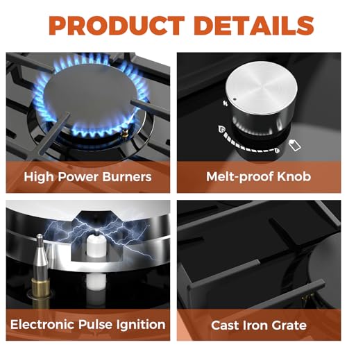 Image of TOPWISH 12 Inch Gas Cooktop 2 Burner, Propane Stove Top 18,000 BTU Black Tempered Glass LPG /NG Convertible Dual Fuel Built-in Natural Hob with Thermocouple Protection for Rvs Kitchens Apartment Indoor