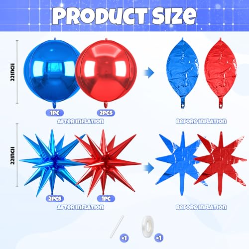 Image of 6pcs 22 inch Blue Red Star Balloons and 4D Large Foil Balloons, Dark Blue Star Balloon Red 4D Foil Aluminum Balloon For Birthday Baby Shower Nautical Patriotic Baseball Theme Party Wedding Decoration