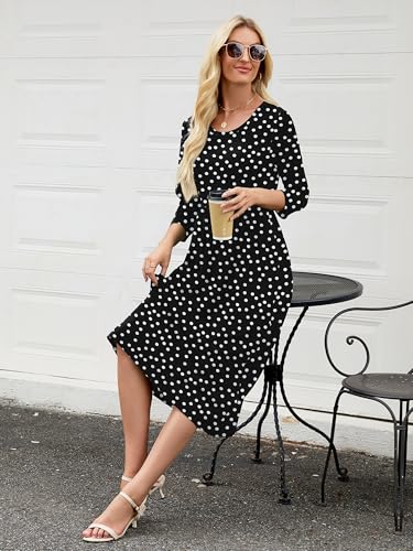 Image of Heymoments Women's Casual 3 /4 Sleeve Midi Dress Crewneck A Line Tiered Flowy Loose Travel Long Dresses with Pockets