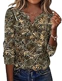Zeagoo Graphic Tees for Women Casual Long Sleeve Shirts V Neck Button Tshirts Leaf Printed Fall Summer Blouses