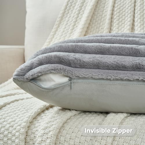 FUTEI Grey Striped Decorative Throw Pillow Covers 16x16 Inch Set of 2,Square Fall Decorations Couch Pillow Case,Soft Cozy Faux Rabbit Fur & Velvet Back,Modern Home Decor for Bed