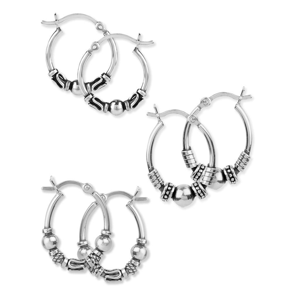 LeCalla 925 Sterling Silver BIS Hallmarked Set of 3 Pair 17mm, 20mm Tribal Bali Hoop Earrings for Young (B09VN43WQP) Amazon Price History, Amazon Price Tracker