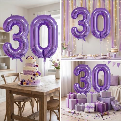 Image of Number Balloons for Birthday Decorations - 40 Inch Large Party Balloons 30, Purple Foil Number Balloons for Boys Girls, Balloons for Party Supplies