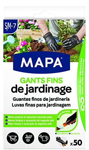 Mapa - Gants Fins de Jardinage x 50 - Dextérité et Résistance - Nitrile et Vinyle - Boîte distributrice de 50 gants fins - Noirs - Taille S/M