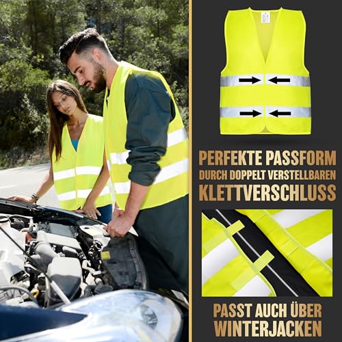 HELDENWERK Warnwesten Auto 4er Set Europaweit gültig nach aktueller Norm 2026 EN ISO 20471 - Reflektierende Warnweste Auto - Sicherheitsweste Gelb - Warnschutzweste - Auto Warnweste für Erwachsene