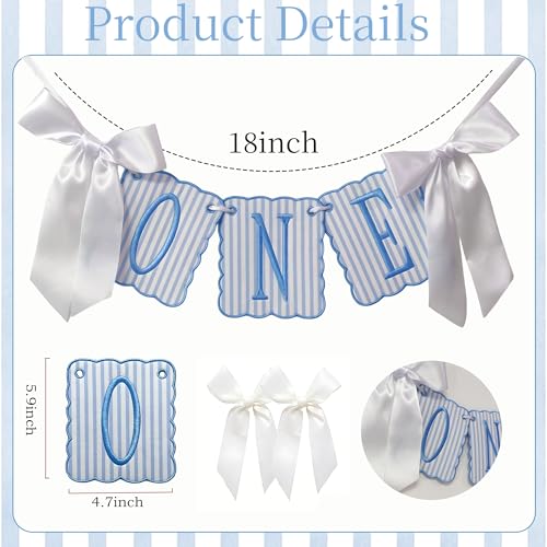 Image of Blue and White Striped ONE High Chair Banner Boy Light Blue Vertical Stripe Embroidered 1st Birthday Highchair Banner First Birthday Decorations for Boy (Blue Stripes)