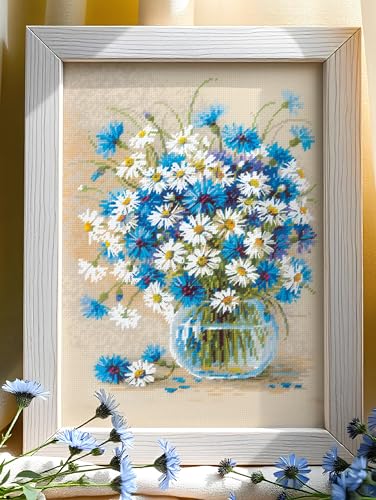 Image of RIOLIS - Daisies and Cornflowers 2249, Floral Cross Stitch Kits 9 inchx11, Cross Stitch Kits for Beginners & Advanced, Crossstitching Kits Adult, Counted Stitching Kits, Embroidery Kit