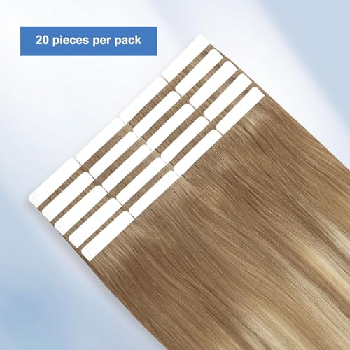 Image of Sixstarhair Invisible Tape In Hair Extensions Real Human Hair Balayage Blonde with Light Chestnut Brown Fading to Platinum Blonde Hair Extensions 20 Pcs 50g [Color #B8-60 18 inch]