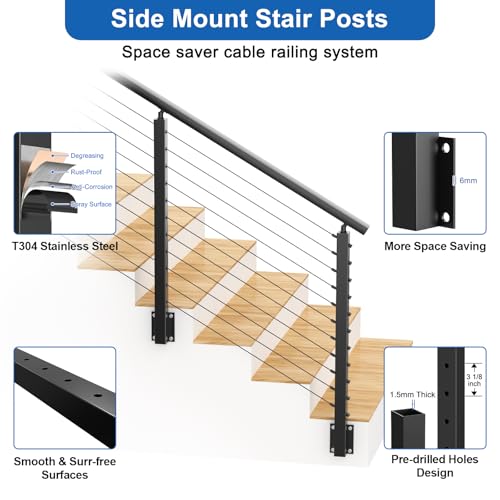 Image of 36 inch Left Side Mount Stair Cable Railing Post for 25-35 Degrees Stair, Stainless Steel Single Black Coated Fascia Mount Post for Cable Railing Kit, Indoor Outdoor Use, MY09-S