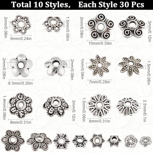 SUNNYCLUE 1 Box 300cs 10 Styles Flower Bead Caps 8mm Flat Spacer Beads Bulk Tibetan Silver Hollow Flowers Metal Vintage Floral Bead End Caps for DIY Bracelet Necklace Earring jewellery Making Supplies - Image 2