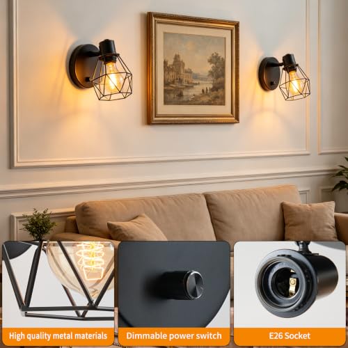 Image of Lightess Wall Light with on Off Switch Set of 2 Farmhouse Sconces Black