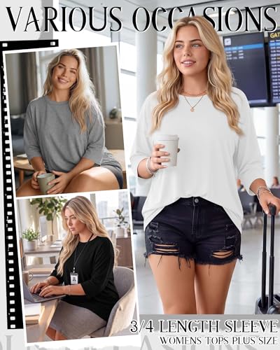 Image of Locoowai 3 Pack Women Plus Size Tops 3 /4 Sleeve Cotton Crew Neck Oversized T Shirts Loose Fit Tee Tunic Casual Blouse