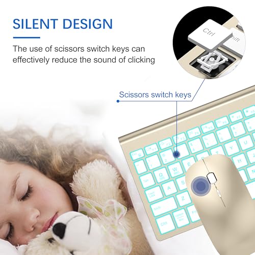 Image of Wireless Backlit Keyboard and Mouse Ultra Slim Combo, TopMate 2.4G Silent Compact 2400DPI Mouse and Scissor Switch Keyboard Set, Batteries Included, for PC /Laptop /Windows /Mac /Gaming - BL Gold White