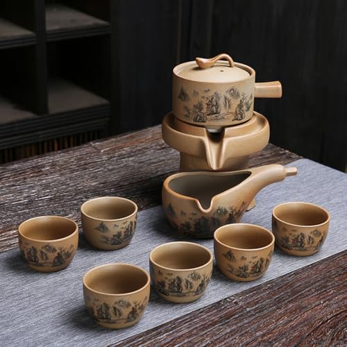 Image of Chinese Gongfu Tea Gift Set, Semi-Automatic Stone-Mill Design Ceramics Tea Set Rotate TeaPot 6 Cups for Adults Men Women Tea Ceremony Party Home Office Decor (landscape)