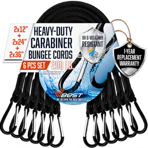 Image of Bungee Cords with Carabiner Hooks - 6Pcs Heavy Duty Outdoor Bungees | Black Rubber Bungy Chords Set Includes 2x12 inch, 2x24 inch, 2x36 inch - Strong Bungie Straps - UV & Weather Resistant 200lb Strength