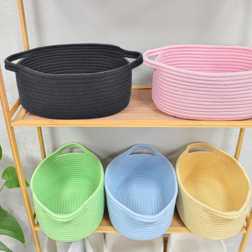 Image of ABenkle Small Basket with Handles, Boho Decorative Rope Woven Dog Cat Toy Storage Bin Shelf Storage Organizer, Easter Christmas Gift Basket, 12 inchx8 inchx5 inch, Black
